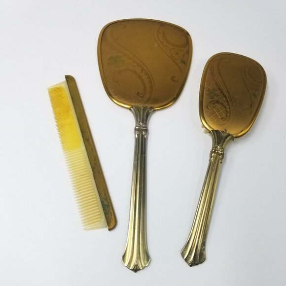 Vintage 40s Matson Vanity Dresser Hand Mirror Gold Comb Brush Regency Glam - Picture 3 of 9